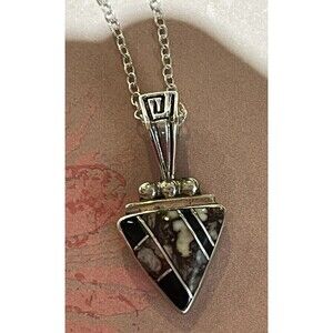Vintage Native American Signed Spotted Jasper & Black Onyx 925 Pendant Necklace